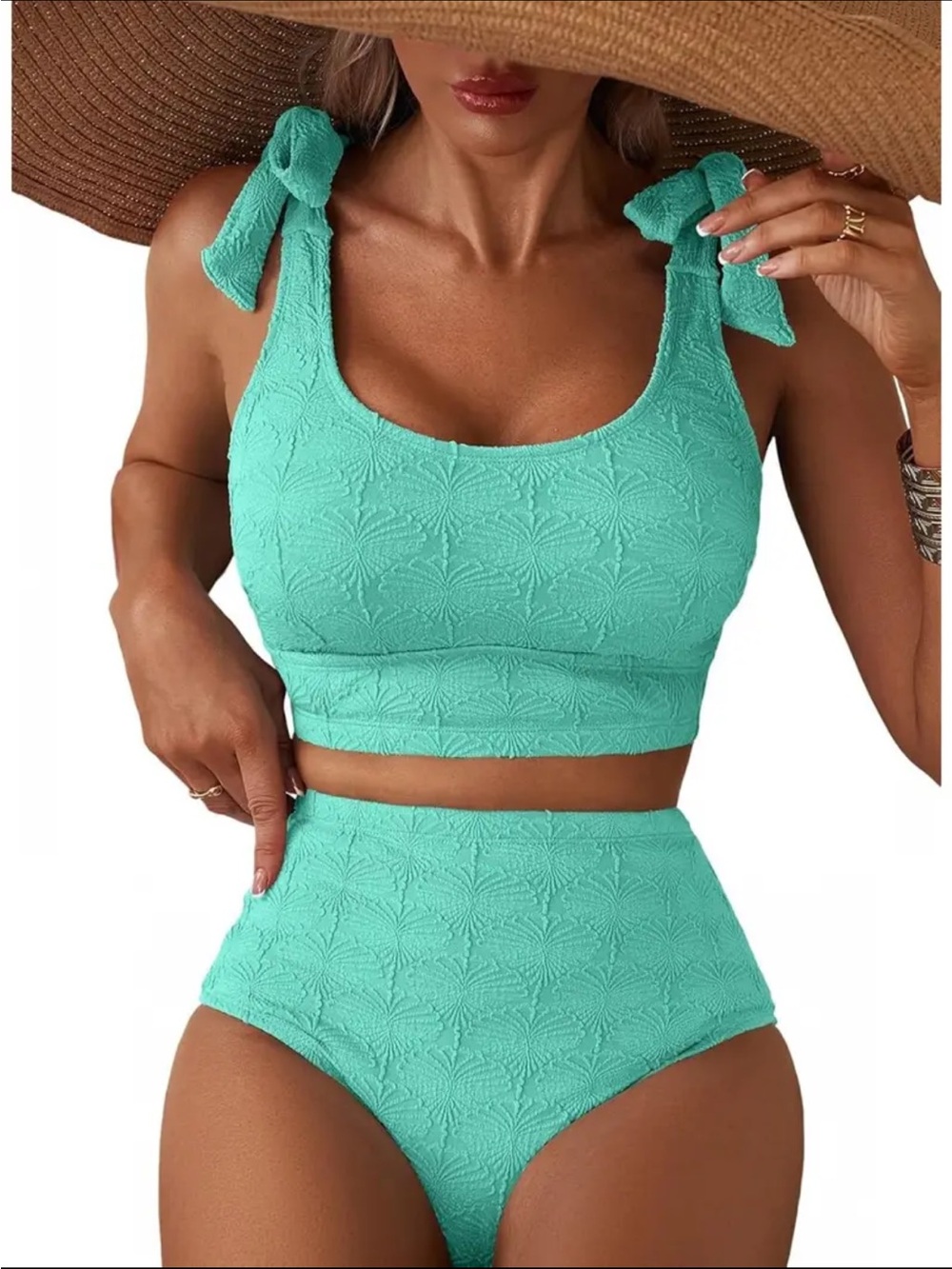 Turquoise Tie-Shoulder High-Waist Bikini Set - Women Swim